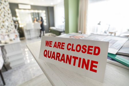 Quarantine in a beauty salon or hair salon. Problems of small business. sign with the warning we are closed quarantined during the pandemic.の写真素材