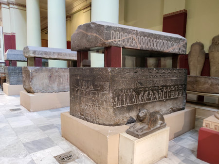 May 17, 2021. Cairo. Egypt. Ancient stone stone sarcophagus for the burial of the mummy of the Pharaoh in the Museum of Egyptian civilization in Cairo.のeditorial素材
