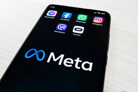 Various icons of the companies belonging to the Facebook metaverse on the black screen of the smartphone. Concept for Metaverse. November 3, 2021. Barnaul, Russiaのeditorial素材