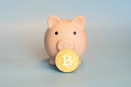 Piggy bank with One Golden Bitcoin coin new virtual money on a gray backgroundの写真素材