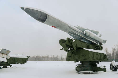 rockets in the winter forest. ground-to-air missiles on snow in winter. air defense. defensive...