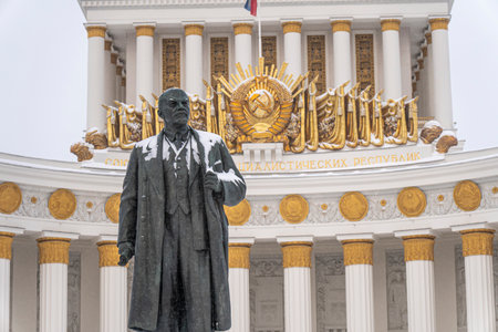 December 18, 2021. Moscow. Russia: Monument to Vladimir Lenin in front of Central Pavilion. The...