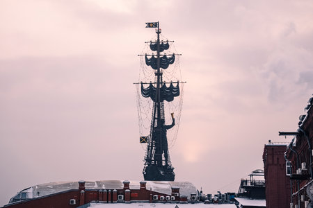 December 21, 2021. Moscow, Russia: Monument In commemoration of the 300th anniversary of the Russian fleet . figure of Emperor Peter the Great at the helm of the shipのeditorial素材
