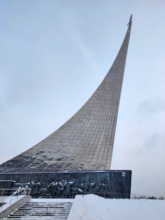 December 20, 2021. Moscow. Russia: Monument to the conquerors of space at VDNH. Winter and snowy Moscow. Museum of Cosmonauticsのeditorial素材