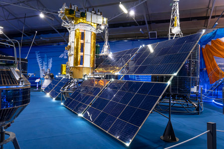 exhibits in the Roscosmos party patriot hall. Moscow, Russia December 19, 2021.