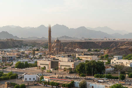 Sharm El Sheikh, Egypt - October 10th, 2021: Panorama of the Old Market with the Al Sahaba Mosque in Sharm El Sheikh. Exotic cityscape with modern Muslim temple in Arabic architectural style cityの写真素材