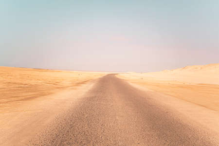 Landscape view of dusty road going far away nowhere in Wadi Rum desert,の素材 [FY310182072678]