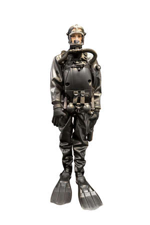 one scuba diver diving man isolated on white background. a mannequin in a diving suit