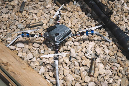 A homemade quadcopter with a homemade bomb made by Syrian militants.の写真素材