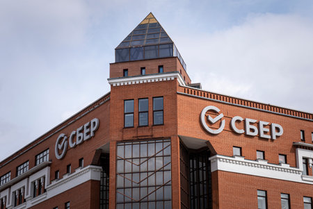 Facade of the Sberbank branch - Sberbank with an sign. Russian financial conglomerate, the largest...