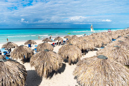 Straw umbrellas on the beach in Varadero, Cuba. Vacation and relaxation background. tourists sunbathe on the beach.の写真素材