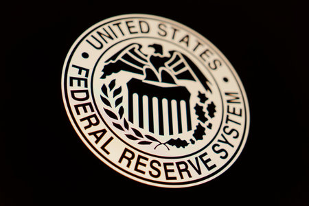 May 19, 2022 federal reserve system symbol on a black backgroundのeditorial素材