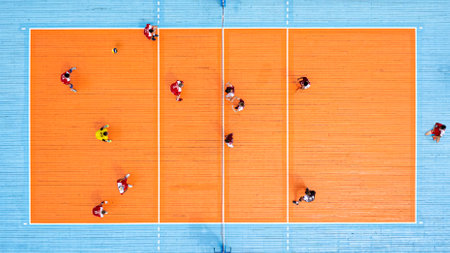 Aerial view of playing volleyball. Top view of the volleyball court during game.の写真素材