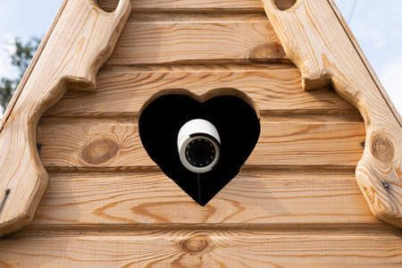 Surveillance camera on the roof of a private wooden house.の写真素材