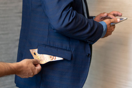 hand pulls paper money out of his jacket pocket. A thief robbed a businessman. Cash theft, criminal...