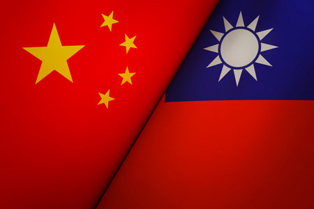 Background of flags of Taiwan and china. concept of interaction or counteraction between two countries. international relations. political negotiations. concept one china policy. sports competition.の写真素材