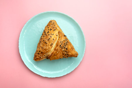 The concept of oriental middle Asian cuisine. Uzbek samsa food. samsa on a blue plate on a pink...