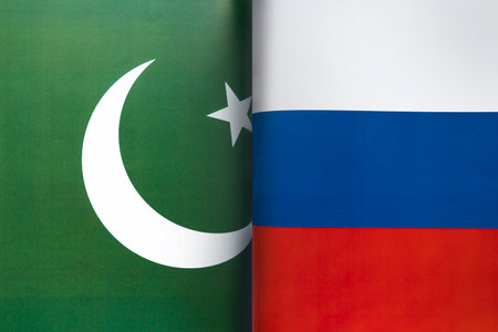 Flags of the pakistan and Russia. The concept of international relations between countries. Sanctions against Russia. The state of governments. Friendship of peoples.の写真素材