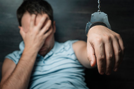 prisoner or a slave in captivity. The upset man is handcuffed. The prisoner is in prison. The...