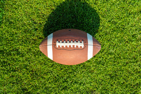 Rugby ball on a patch of grass. national sport in the United States of America. top view,