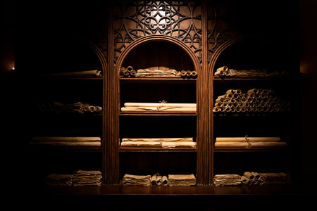 old scrolls on shelves at night in the dark.のeditorial素材