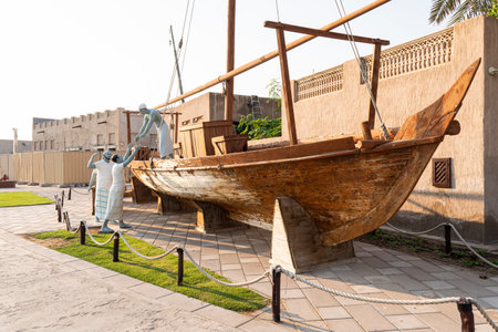 Dubai, U.A.E. November 26, 2022: Old wooden boat at historical are of Dubai. boat installation. heritage village.のeditorial素材