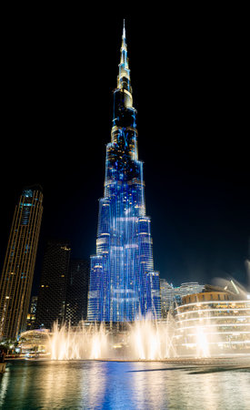 Dubai, UAE , United Arab Emirates. November 27th, 2022. Amazing fountain show in front of the Burj Khalifa skyscraper at night in Dubai.のeditorial素材