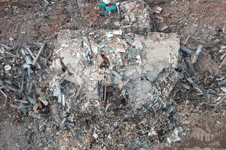 Top view of the destroyed building. Aerial view of the ruins. top view and take from drone. aftermath of the hurricaneの写真素材