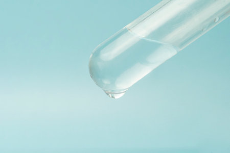 the concept of the chemical industry and work in the laboratory. Close up of test tube with a clear sterile clear liquid on a blue background.の写真素材