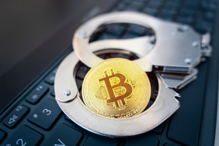 a golden bitcoin on the background of handcuffs and a black laptop keyboard. Prohibition of the sale and purchase of bitcoin and cryptocurrencies.の写真素材