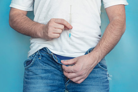 concept of protection of sexually transmitted infections. a man holds a syringe in his hands and takes off his jeans. The concept of treatment of sexually transmitted diseases.の写真素材