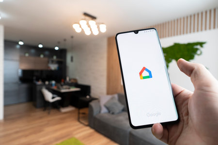 February 17, 2021, Barnaul, Russia: Google home smart control of light and heating in the apartment through the app on your smartphone.のeditorial素材