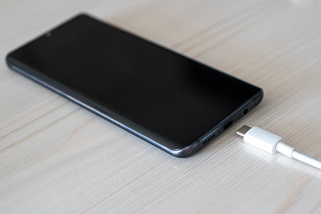 USB type C cable charger and port of the phoneの写真素材