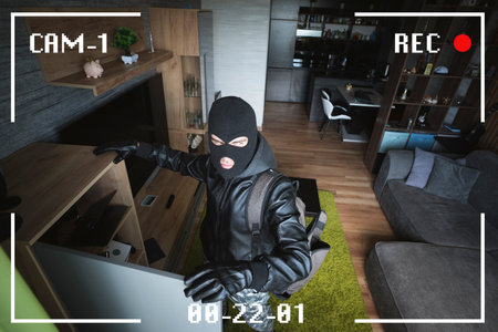 A man in a black mask is trying to rob a house. There is recording on an outdoor video surveillance camera. The robber noticed a security camera. Robbery of a private house. Criminal conceptの写真素材