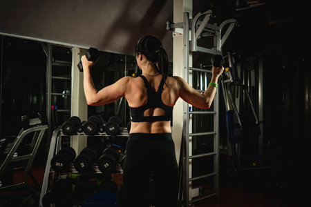 fitness. sport concept. workout. Blonde girl holding black dumbbells. fitness girl. healthy lifestyle. training. workout. woman holding dumbbell. girl holding dumbbells exerciseの写真素材