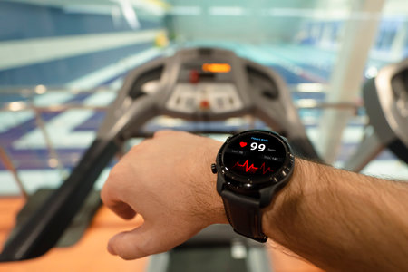 Running man with smart watch. Concept of The technology to check health while exercising. smart watch shows heart rate while running on a treadmillの写真素材