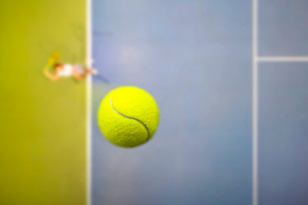serving in tennis. blurred background, focus on the ball. female tennis player serving outdoor and a closeup of the serve from above.の写真素材