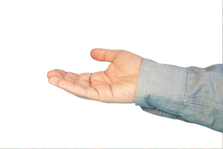Man's hand in shirt begs to something isolated on white background. Palm up, close up. gesture of begging with hand.の写真素材