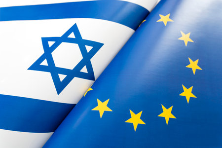 Background of the flags of the Israel and USA. The concept of interaction or counteraction between the two countries. international relations. political negotiations. sports competition.の写真素材