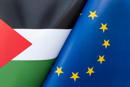 Flags European Union and palestine. The concept of international relations between countries. The state of governments.の写真素材
