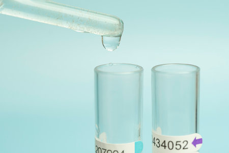 Close up of a pipette dropping a sample into a test tube on a blue background.の写真素材