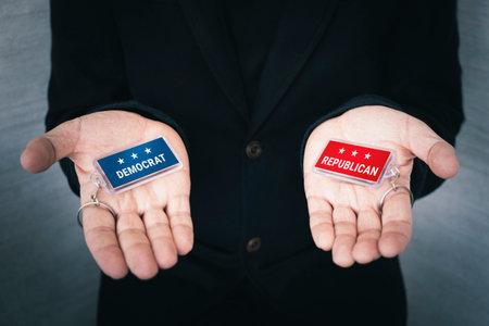 Democrats vs Republicans. the concept of choosing a political party or ideology. A male politician offers to make a choice.の写真素材