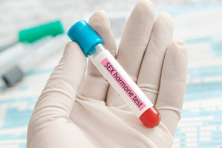 Blood sample for study of levels of sex hormones tests. doctor holding blood tube for analysis of Hormones in Biochemistry lab.の写真素材