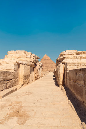 Way to valley temple of the pyramids. Ancient Egyptian ruins.の写真素材