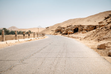 Winding black asphalt road through the sand dunes of oasis,の写真素材