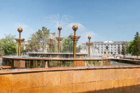 fountain on the embankment of the city of Pavlodar, Kazakhstan.の写真素材