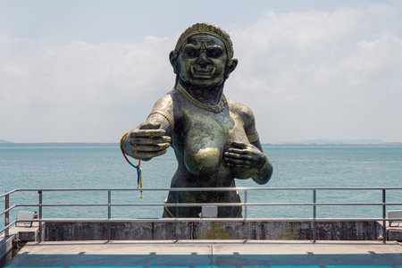 The hare mermaid is a symbol of Koh Samet Island. Giant Statue With Sea, Giant Statue Sculpture, Samed Port, Koh Samed Island, Rayong, Thailandの写真素材