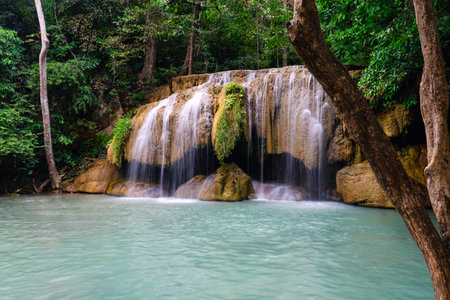 Landscape view of Erawan waterfall Kanchanaburi Thailand. Erawan National Park is home to one of the most popular falls in Thailand.の写真素材