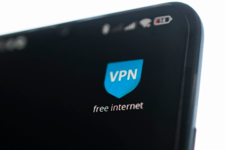 uses VPN application on smartphone. Virtual private network, anonymous, safe and secure internet access on mobile phone. Desktop banner, technology backgroundの写真素材