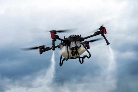 Modern technologies in agriculture. An industrial drone flies over a green field and sprays useful...